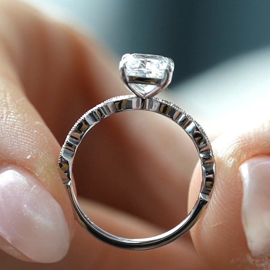 2.09 TCW Cushion Cut Moissanite Milgrain Engagement Ring 14k White Gold Plated