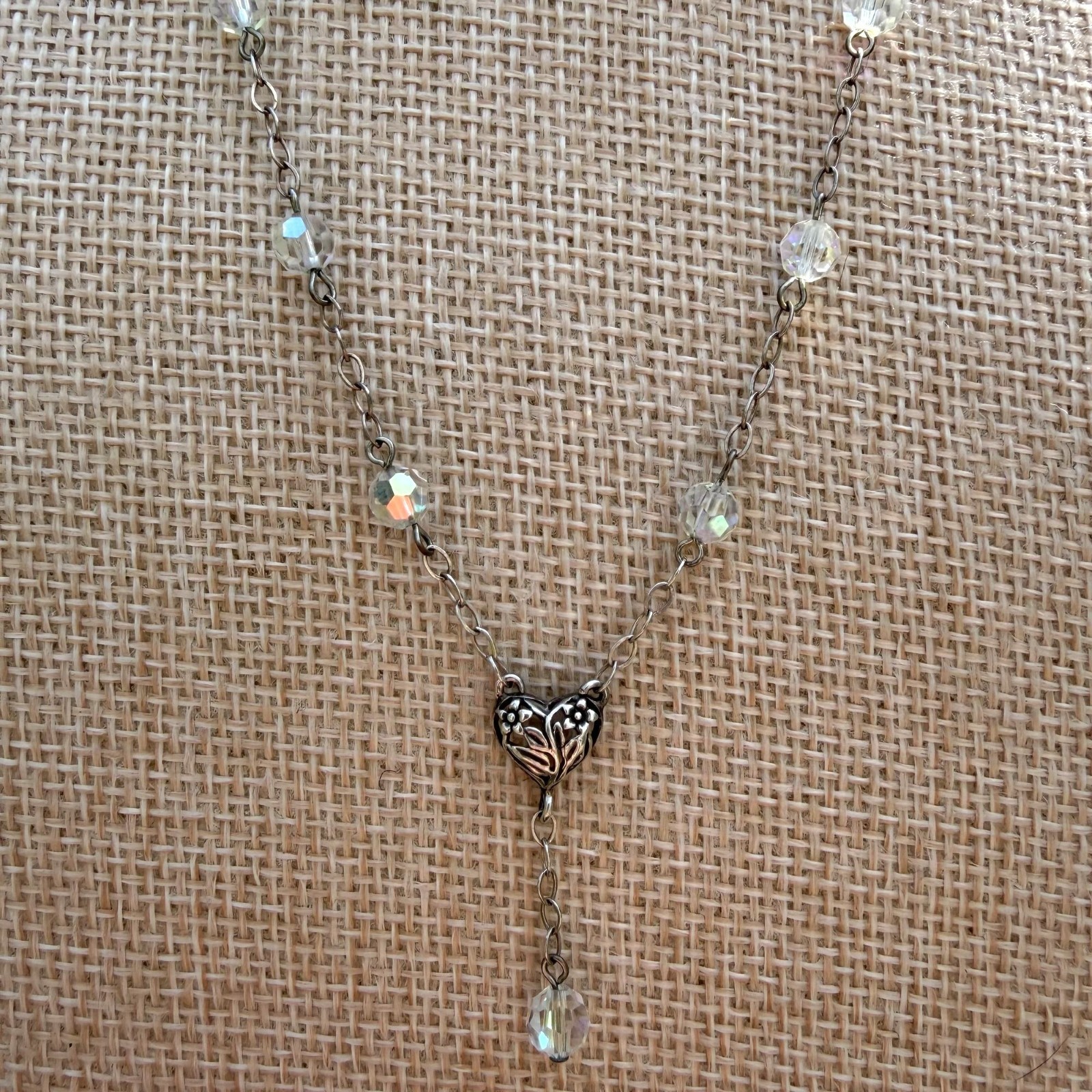 Sterling Silver Lariat Necklace Openwork Heart Pendant Faceted Crystals