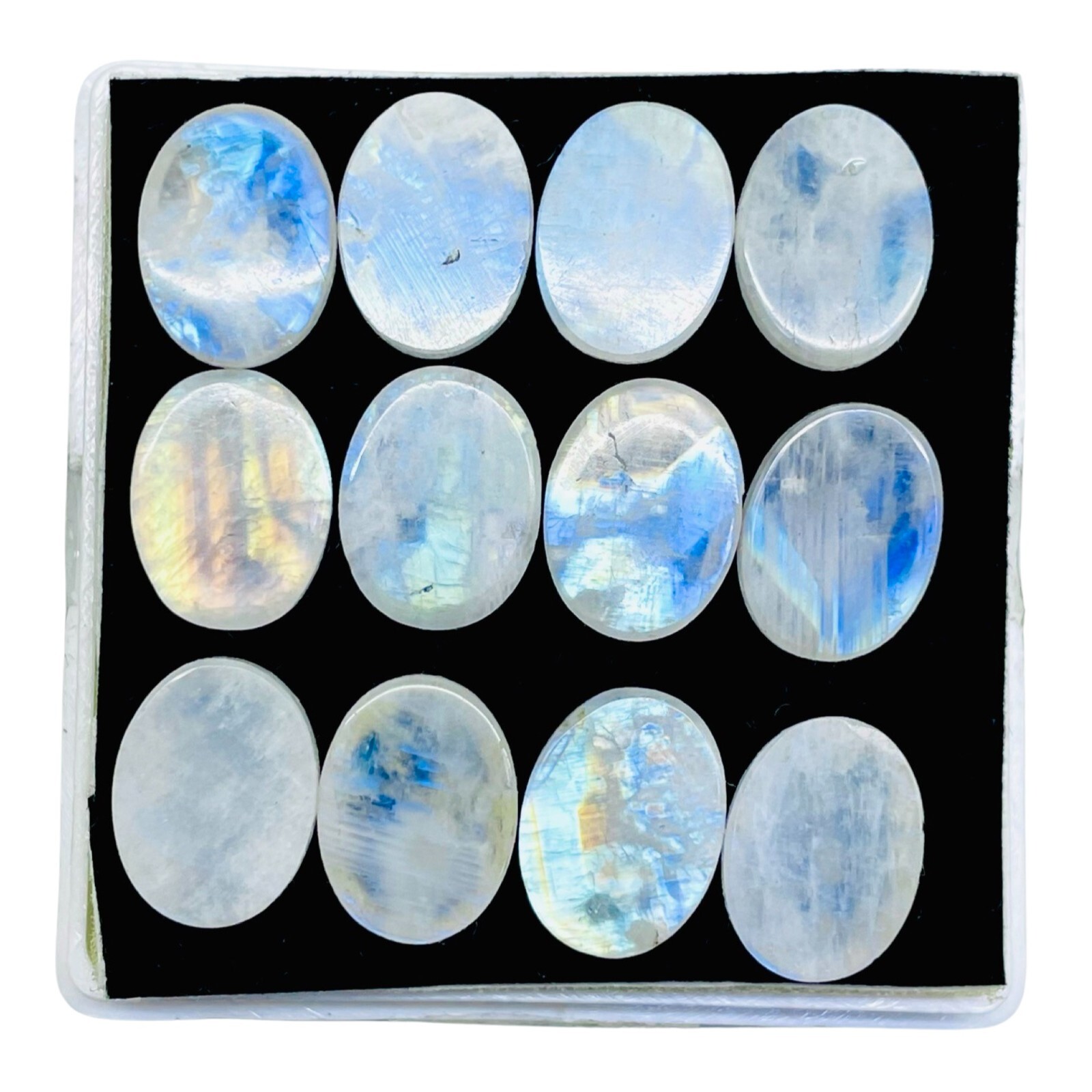 12 Pcs Natural Rainbow Moonstone 16x12mm Oval Blue Shines Cabochon Gemstones Lot