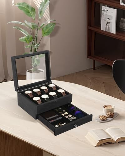 8-Slot Watch Box, 2-Layers Solid Wood Watch Display Case 2-layer 8 Slots Black