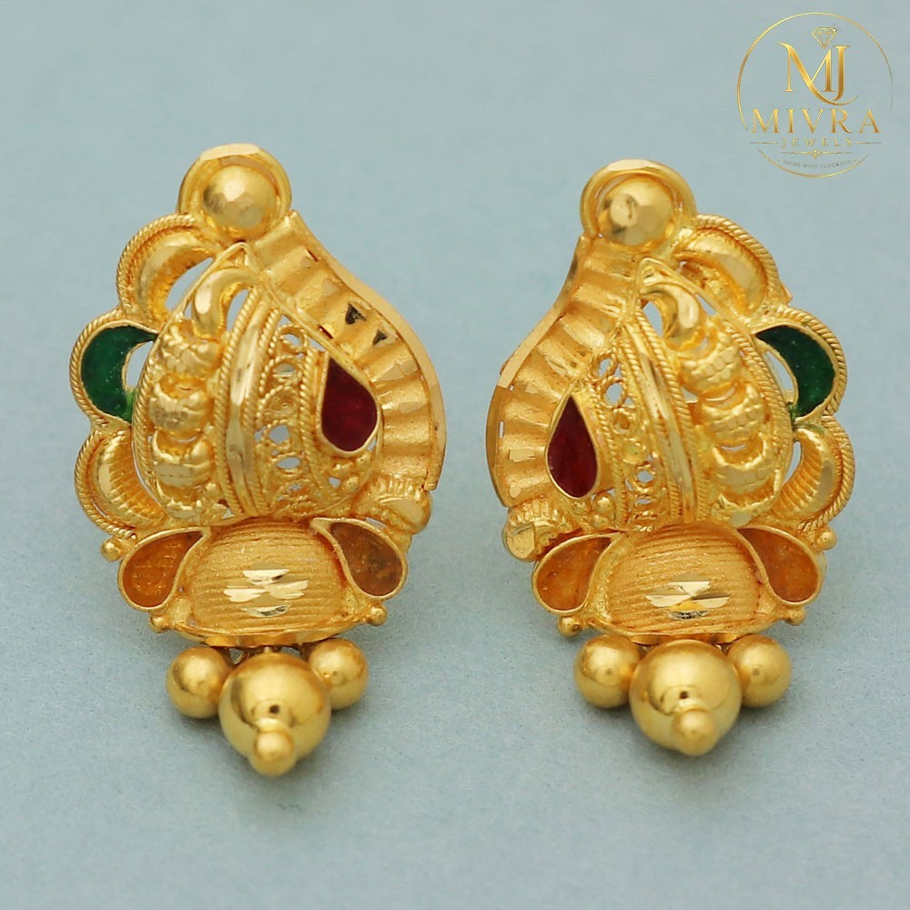 22K Solid Gold Stud Earrings 2.2cm Sweetest Day Gift Romantic Jewelry 3.85g
