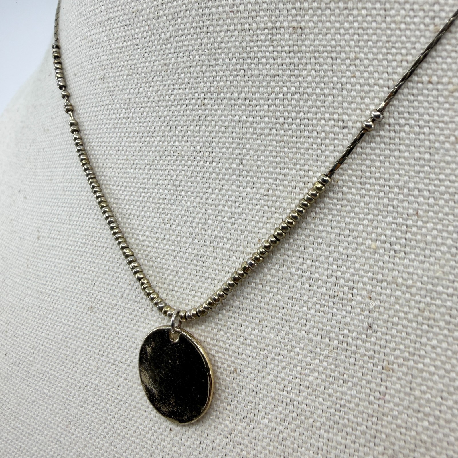 Silver Tone Disc Pendant Necklace Dainty Beaded Chain Minimalist Layering Chic