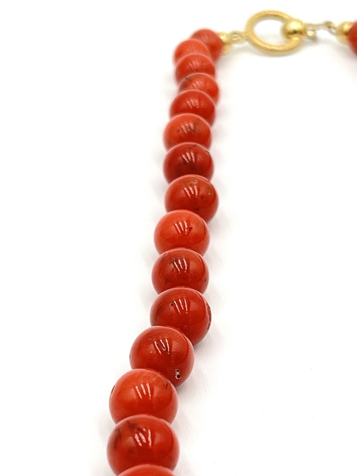 Natural Mediterranean Red Coral Necklace 63cm Balls 7-11mm 18kt Gold Knot