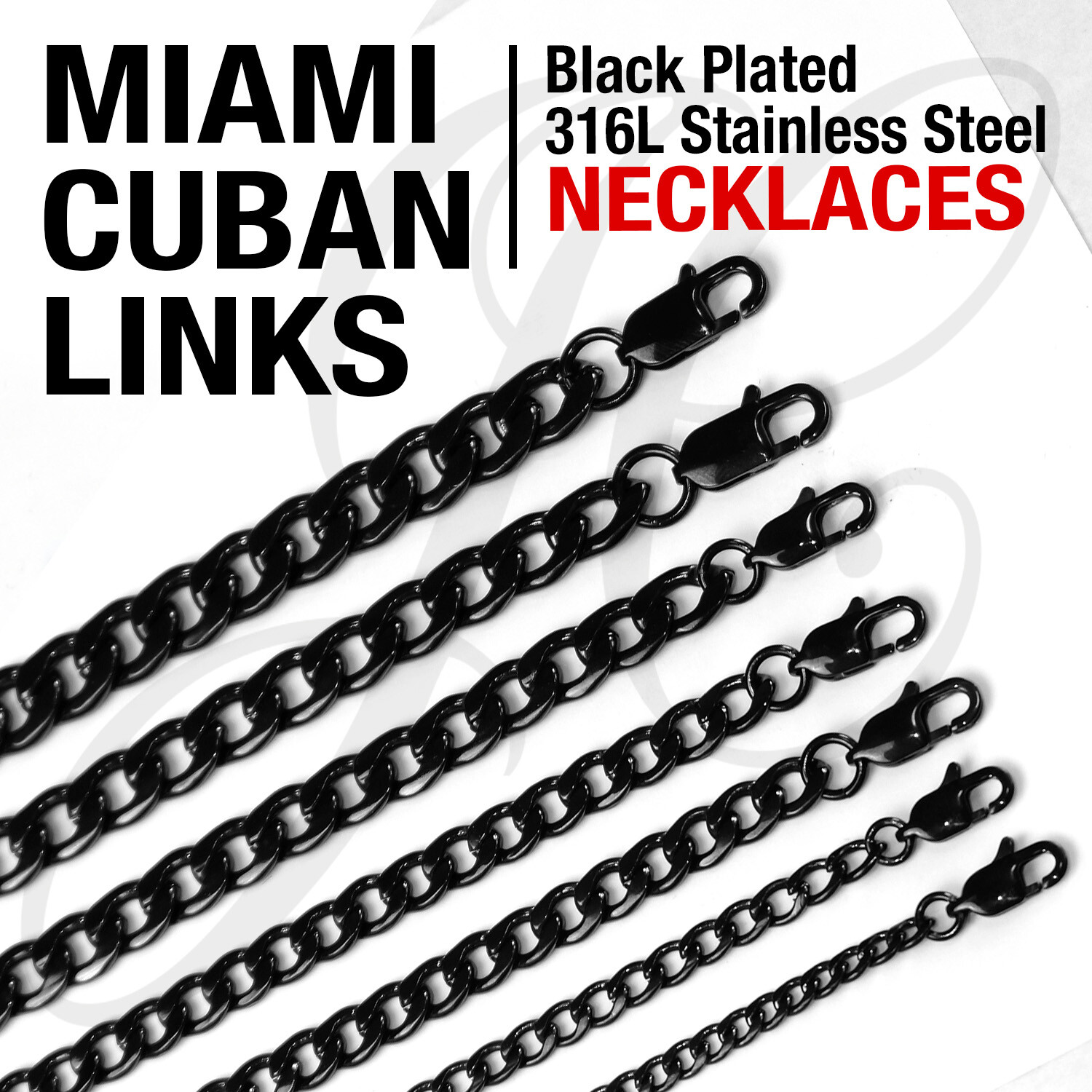 Black Plated Stainless Steel 316L Miami Cuban Links Necklaces Men Women 14″-48″