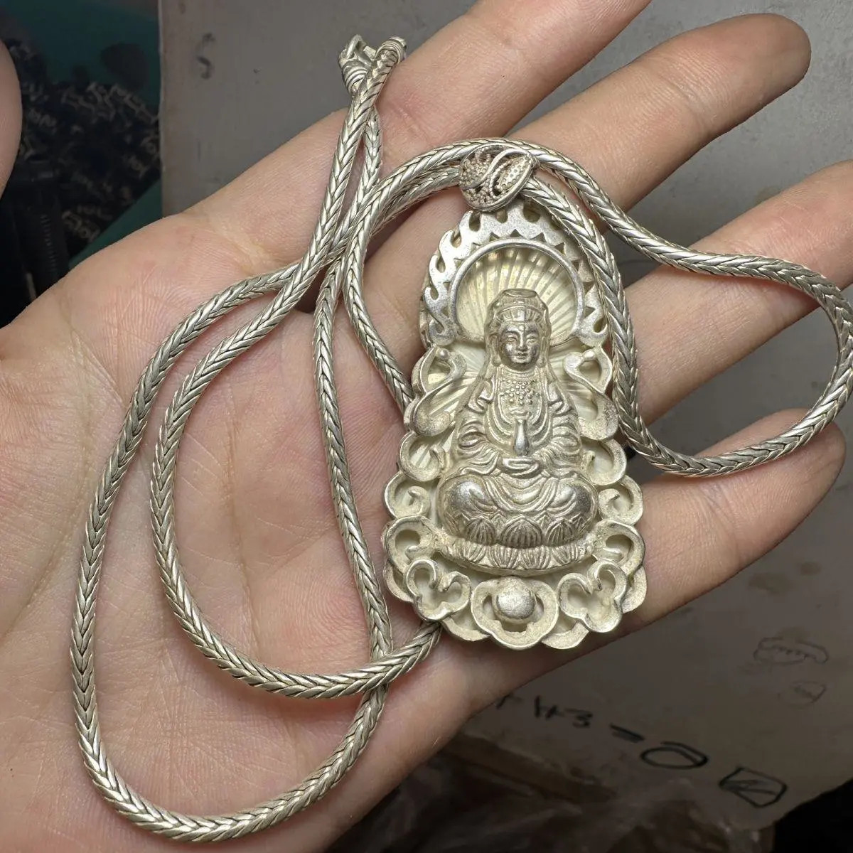 1Pc Collection of Tibetan Silver Carved Hollow Guanyin Pendant Necklace
