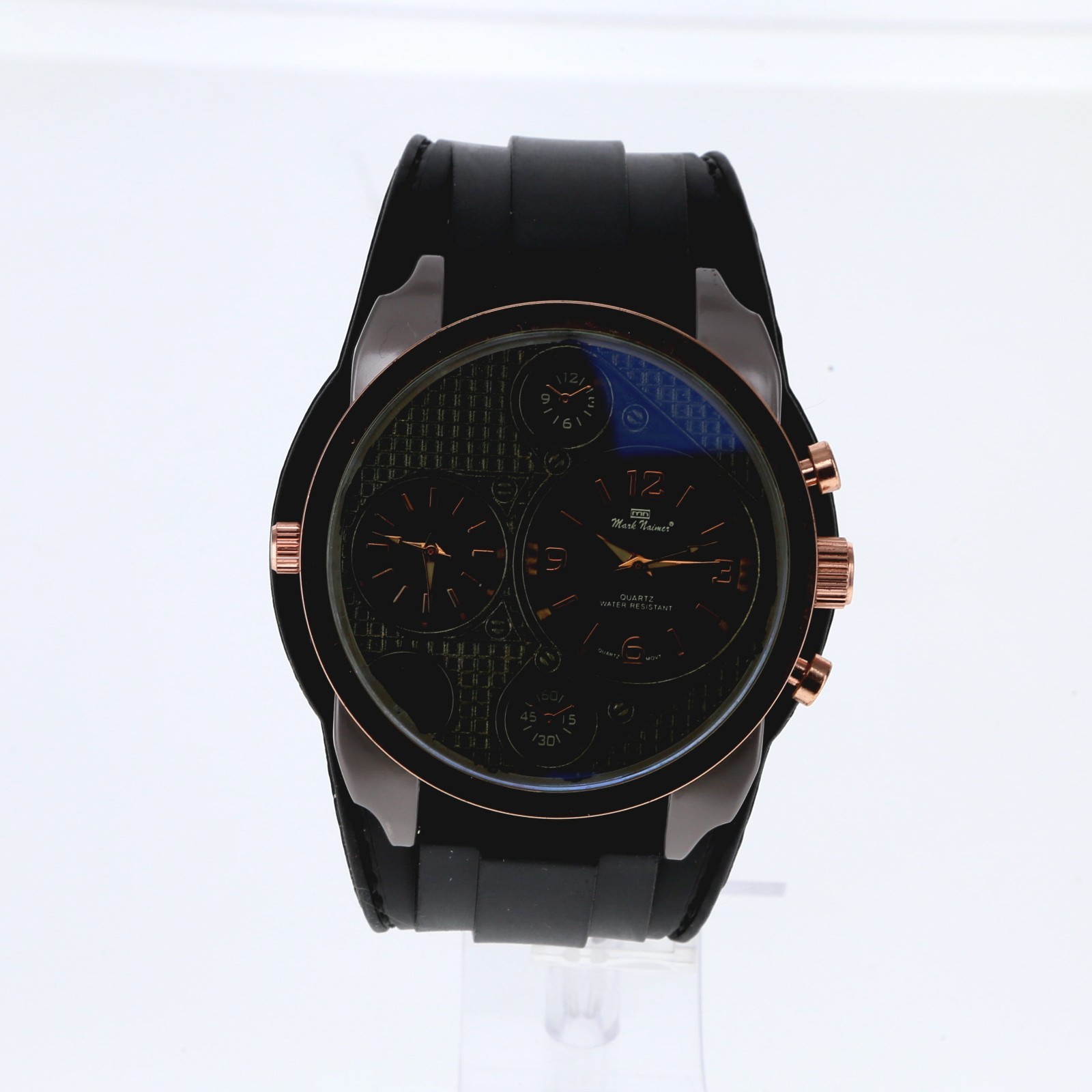 Big Bezel Dual Time Zone Gold Rose & Gray Finish Wide Black Silicon Band 50mm