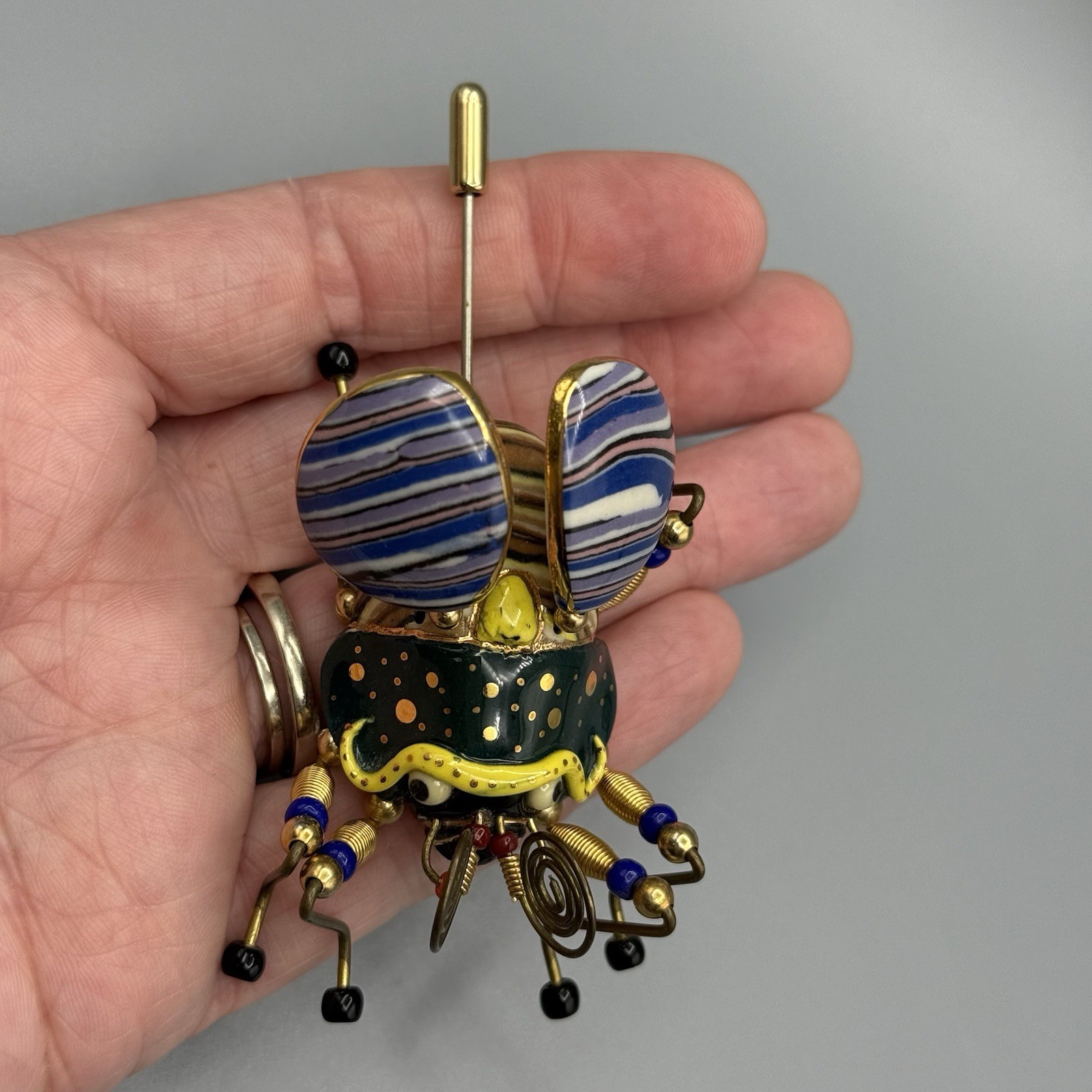 Cynthia Chuang Jewelry 10 Bee Beetle Pin 3″ Porcelain Glass Metal Whimsy Unique