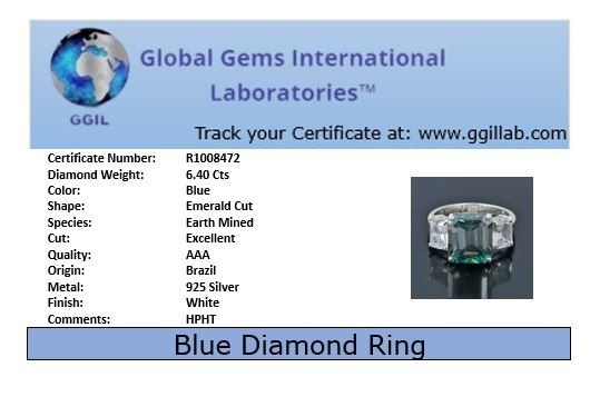 6.4Ct Emerald Cut Blue Diamond Ring Great Shine-Free Diamond Studs! Free Tariffs