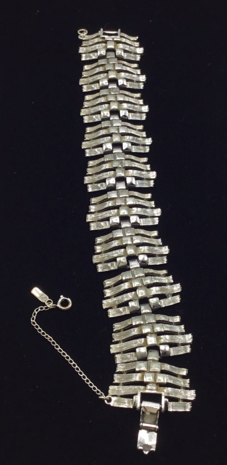 Vintage Monet Silver Tone Brutalist Bracelet with Safety Chain