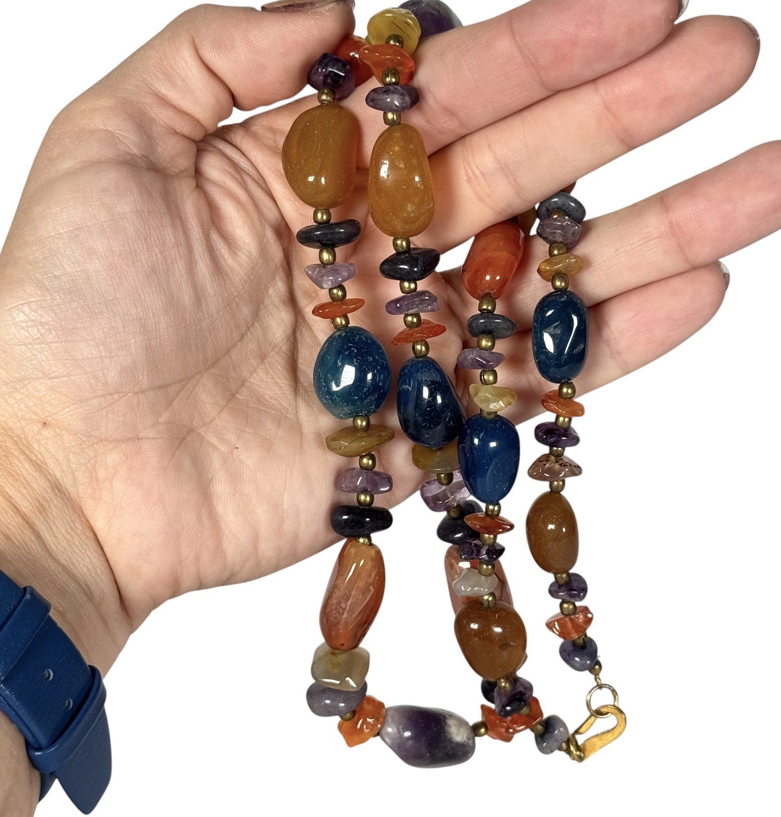 27” Multi-Stone Polished Banded Agate Gemstone Bead Rock Necklace Amethyst Amber