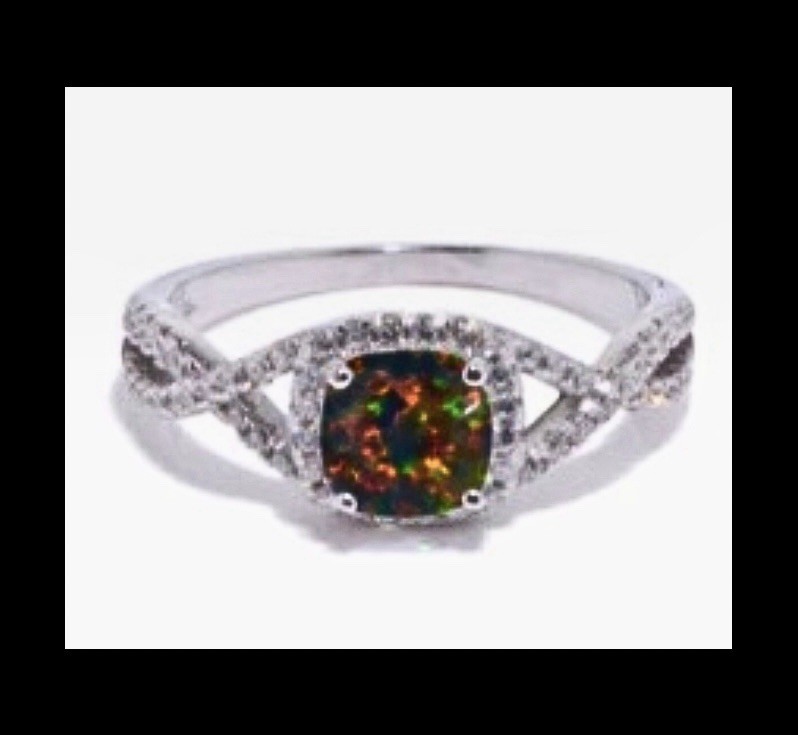 DEAL! FINE RARE Elegant Sterling Silver Black Fire Opal CZ Square Halo Ring 10