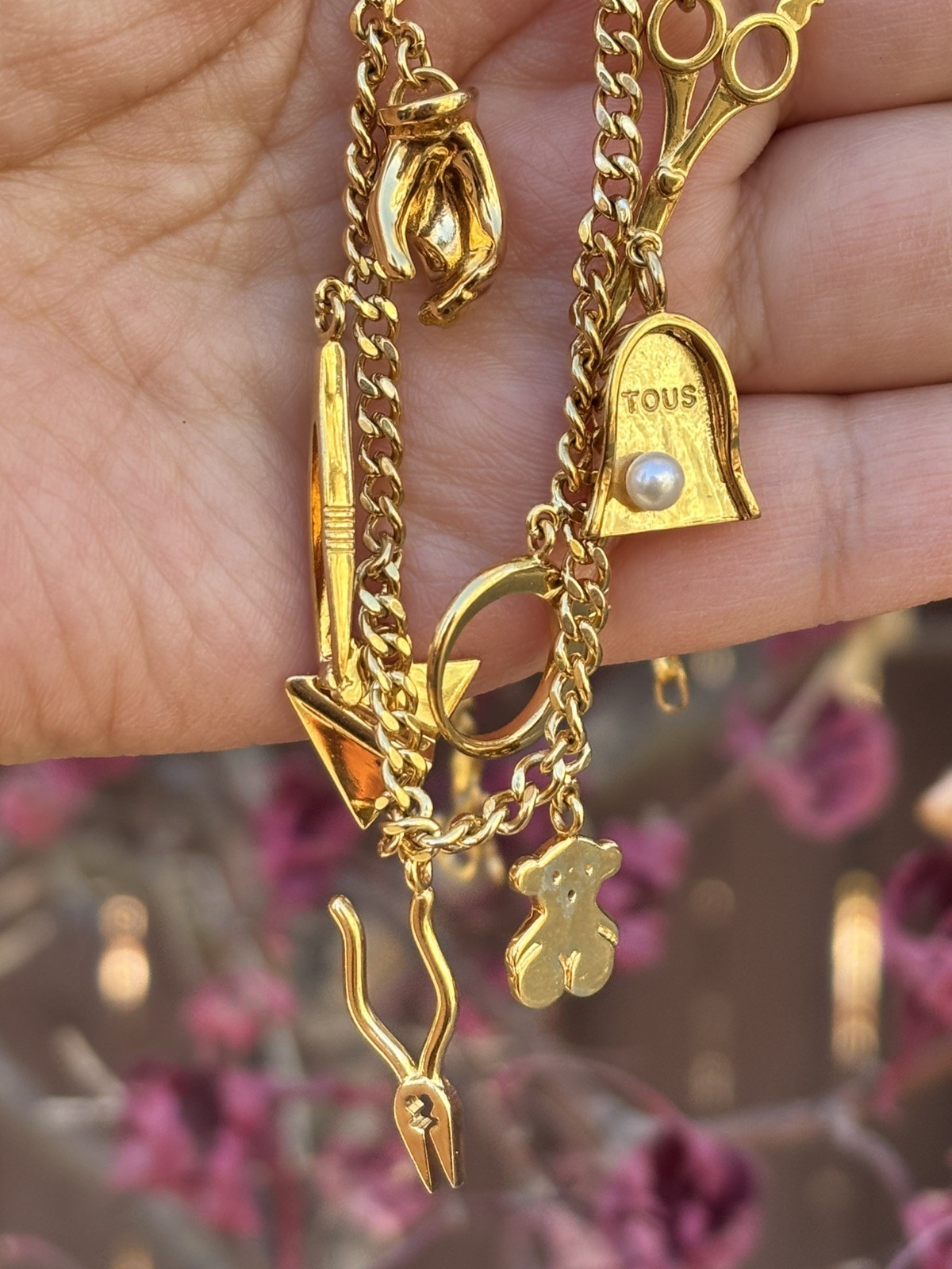 TOUS Silver Vermeil Job Charms Necklace Gold Plated Pearl Topaz Bear Pendant 16”