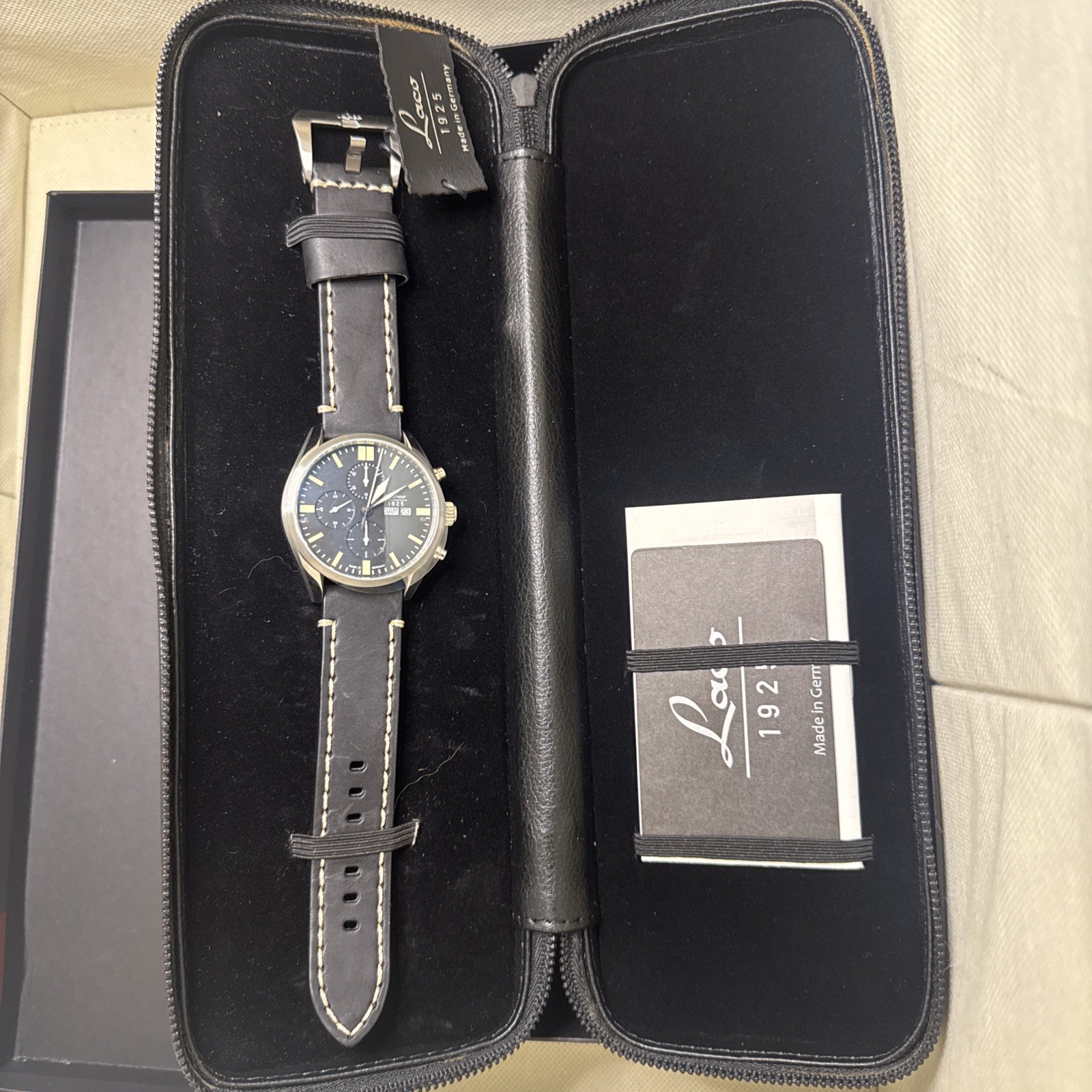 Laco 1925 Las Vegas Chronograph 44mm Watch Auto Valjoux 7750 Black Dial 861587