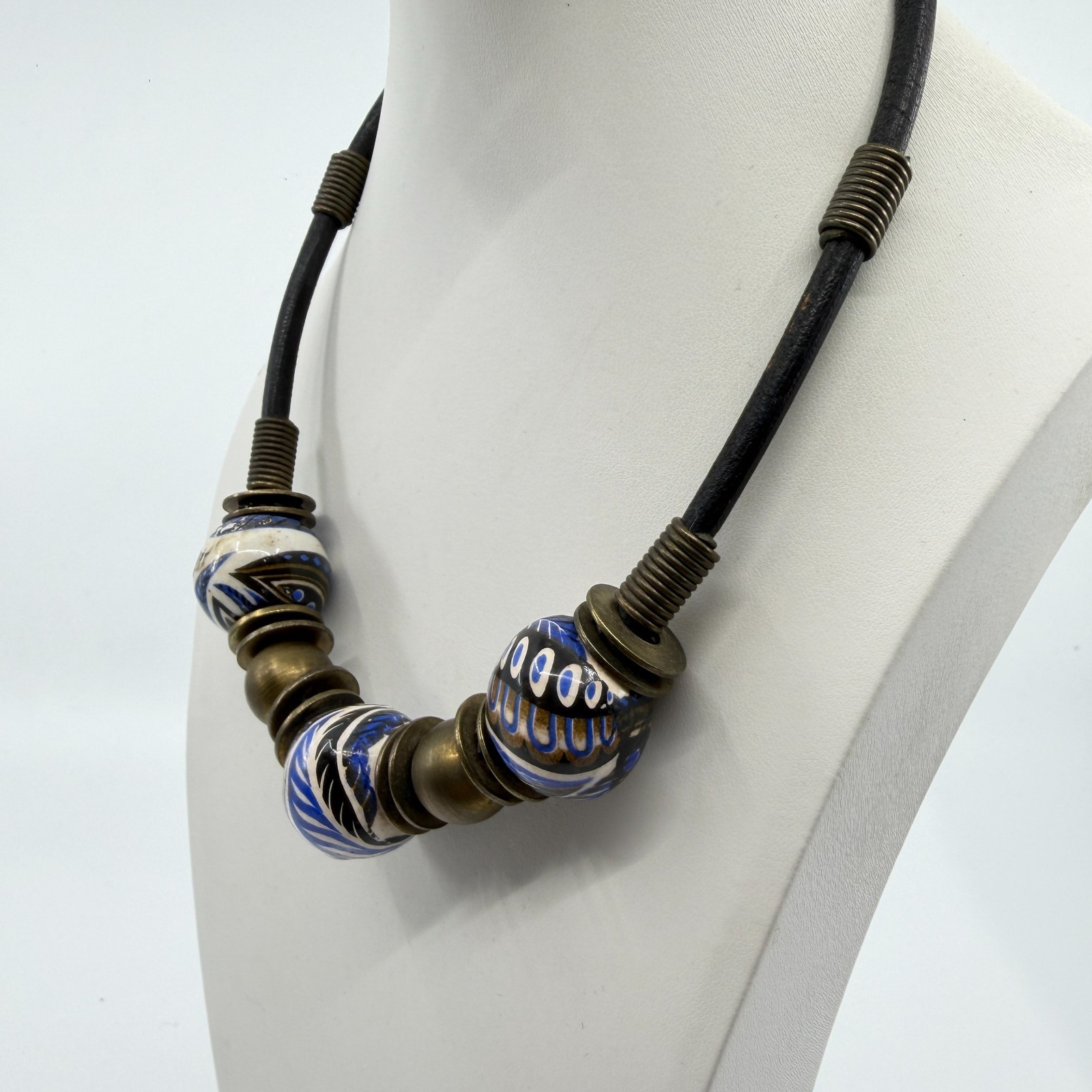 Boho Statement Necklace Blue White Ceramic Beads Leather Cord Artisan