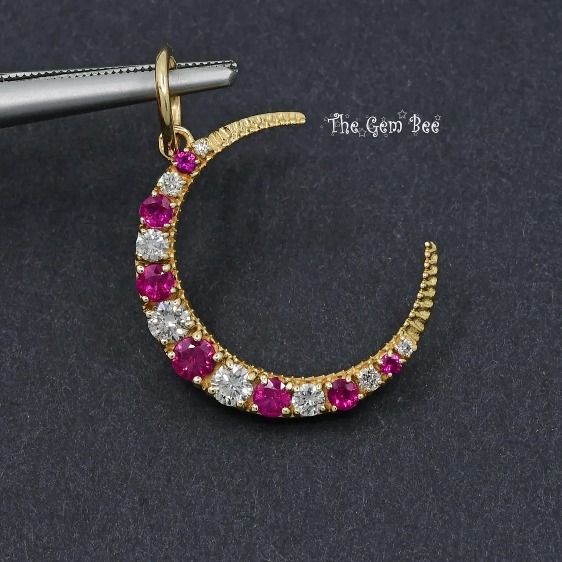 18.5×22.5mm 14K Solid Yellow Gold Diamond Natural Ruby Crescent Moon Charm
