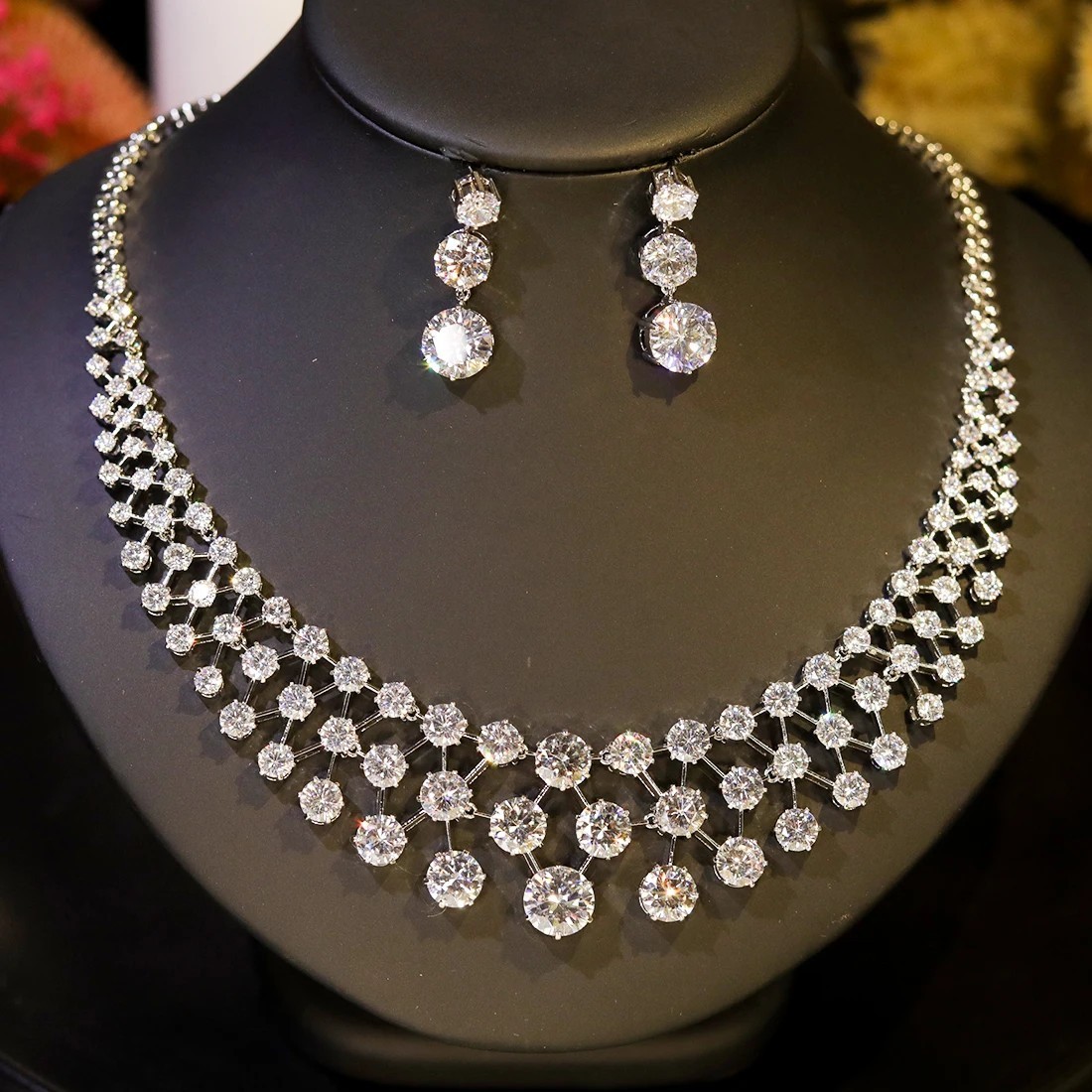 Gorgeous Zircon Drop Necklace Earrings Sets Evening Wedding Dinner Party Bridal
