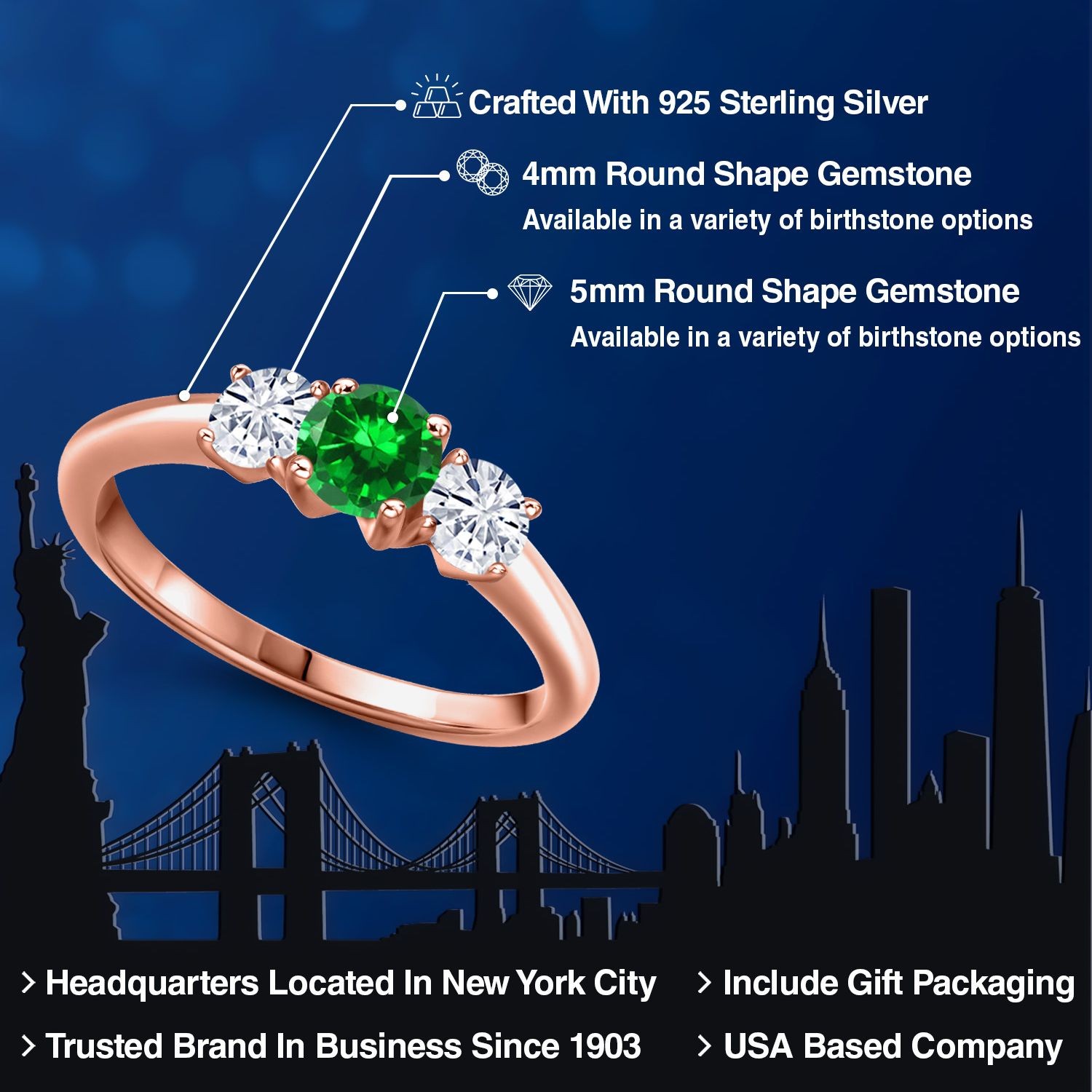 18K Rose Gold Plated Silver Created Emerald and White Moissanite Engagement