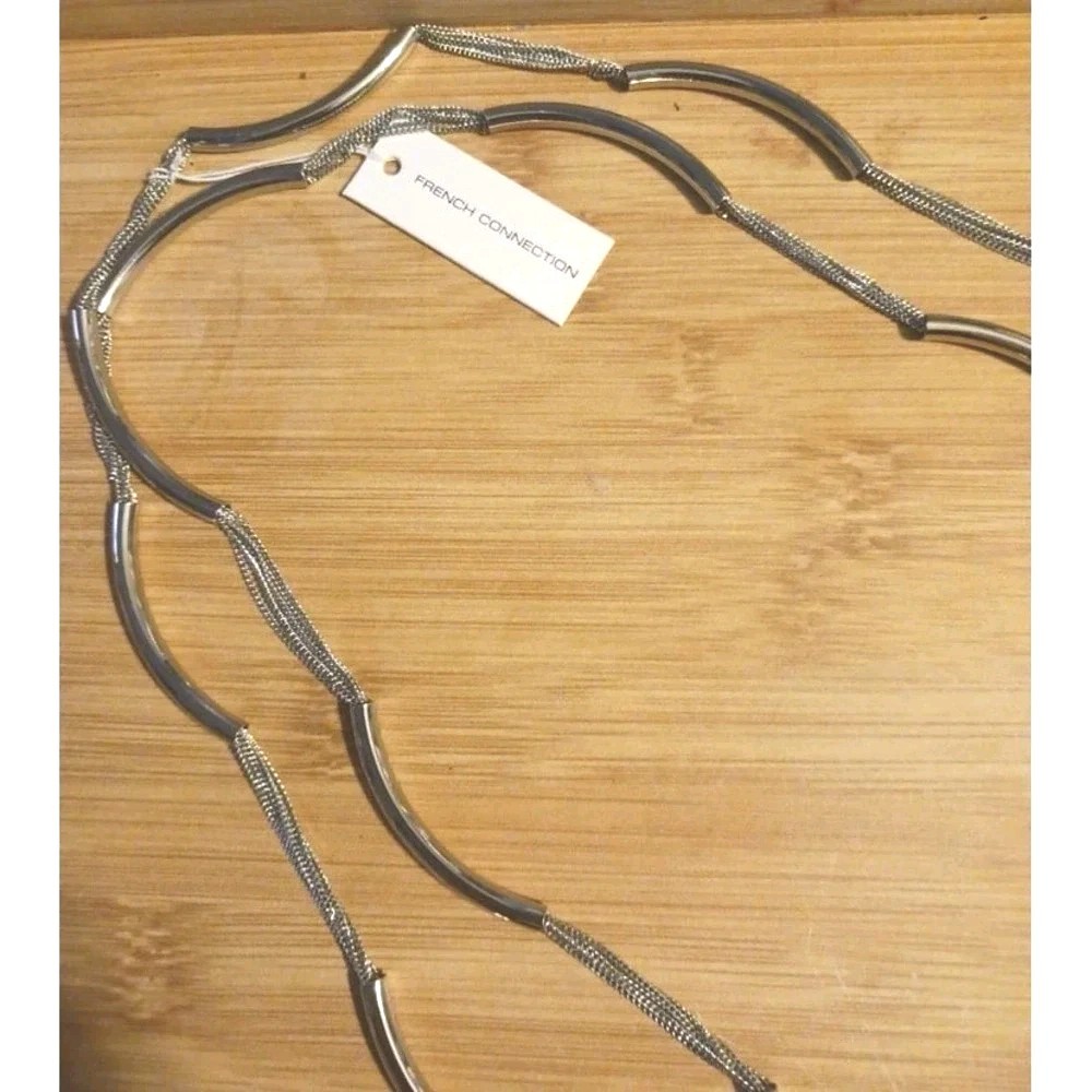 NEW French Connection Silver Curved Bar 36″ Extra Long Double Layered Necklace