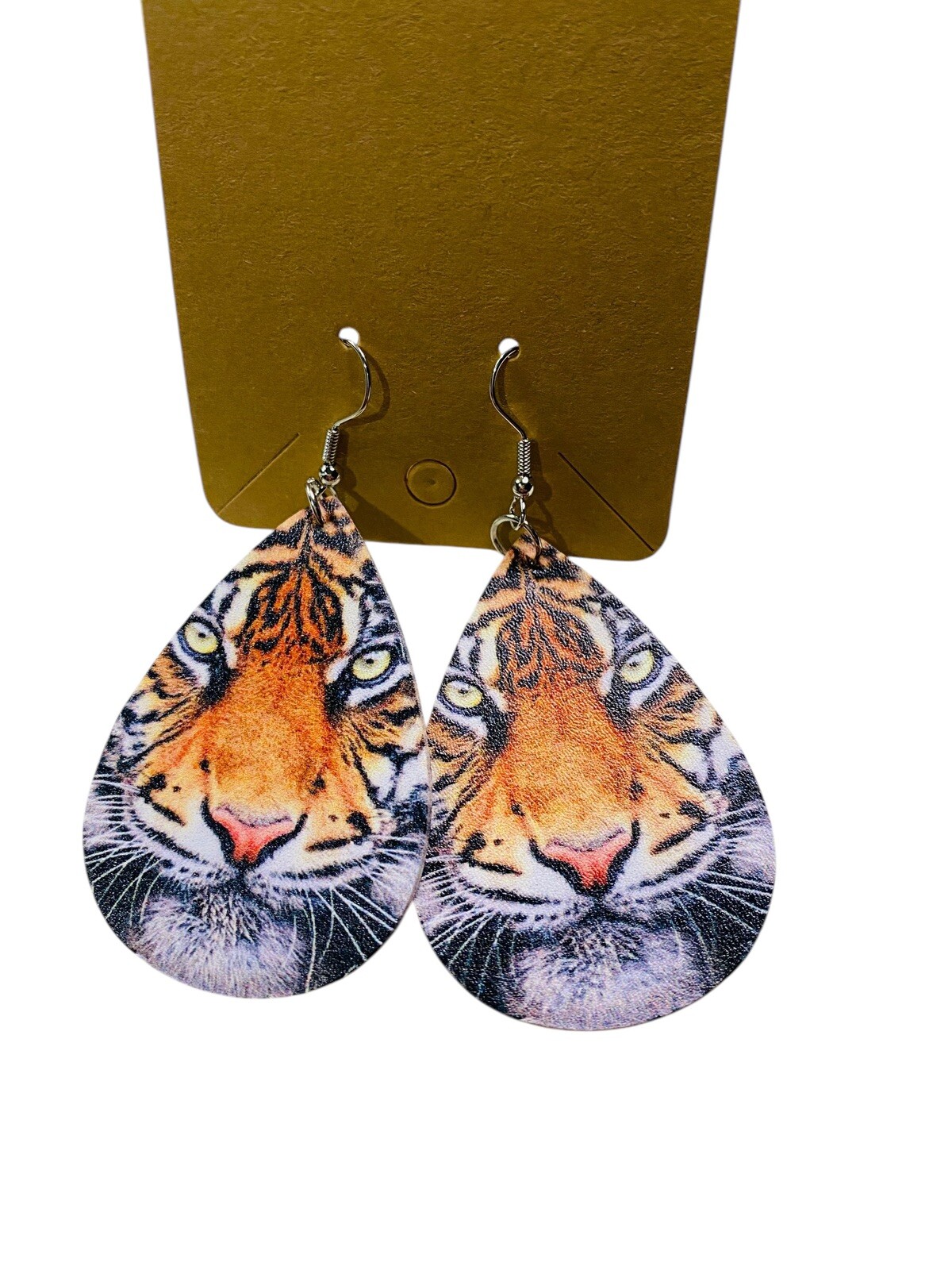 Realistic Tiger Face Boutique Earrings 2.25”x 1.5”, 2 Sided, Faux Leather