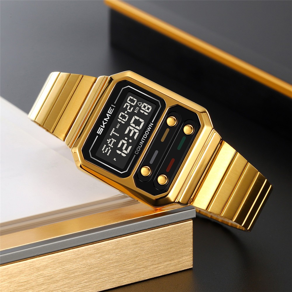 SKMEI Men Watch Rectangle Dial Steel Wristwatch Fashion Male Sport LED Watch