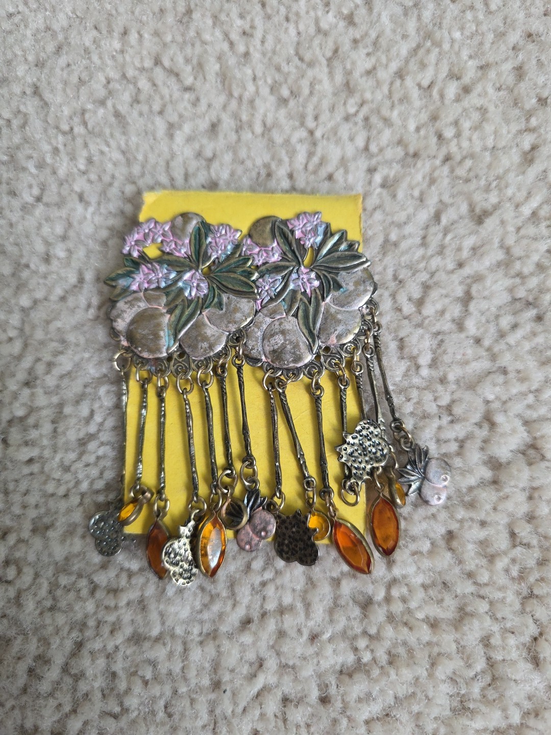Vintage Banana Bob Peach Orange Rhinstone Dangle Drop Brass Clip-on Earrings