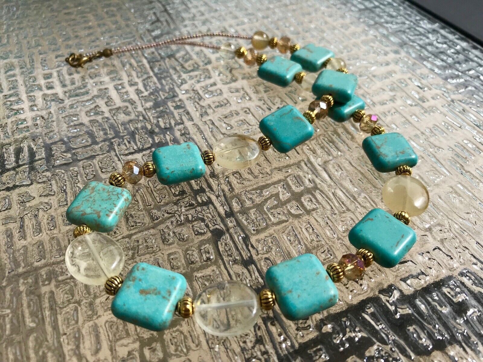Handmade Necklace Turquoise Magnesite, Honey Quartz and Champagne Crystal Beads