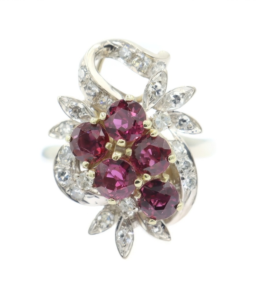 Mid-Century Style 1.20 Ctw Round Garnet & Single-Cut Diamond 14KT Gold Ring
