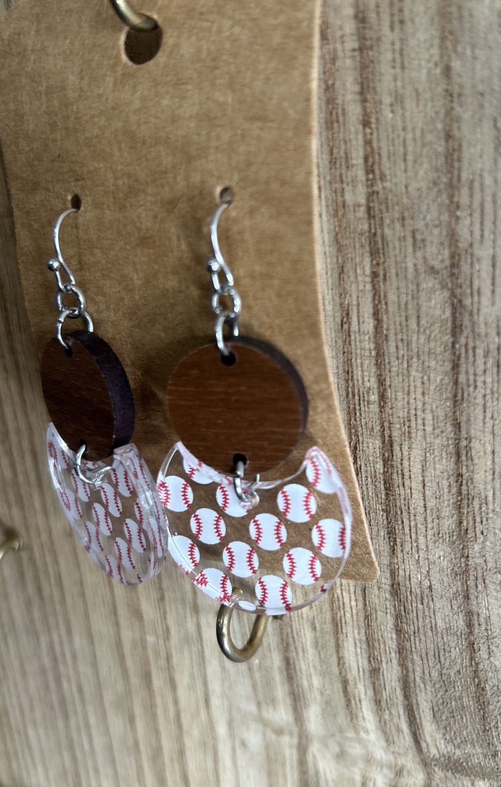 Sports Baseball Earrings Handmade Wood Acrylic Drop Dangle Jewelry Gift