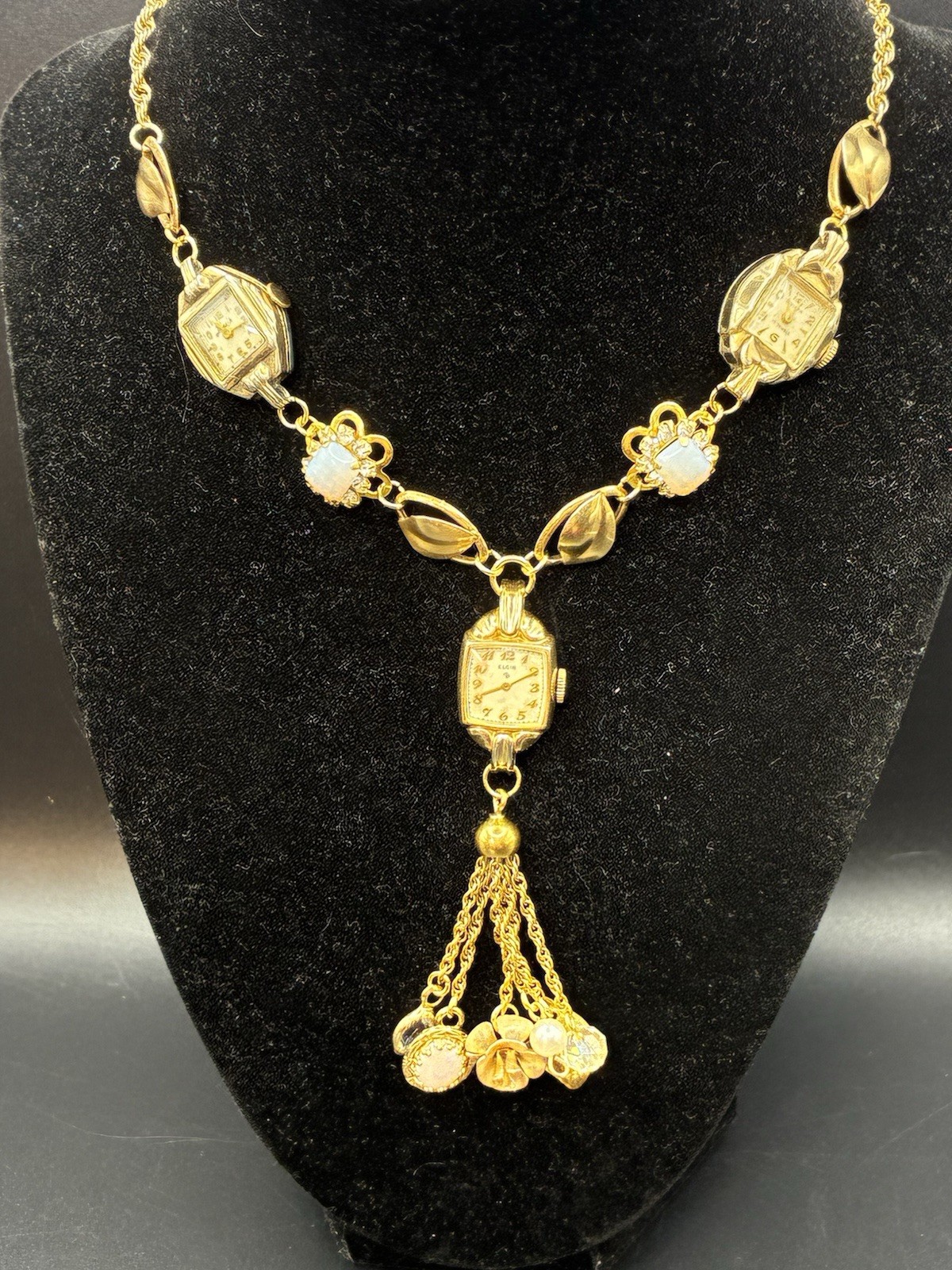 Custom OoaK Vintage Gold Filled Triple Watch Necklace, Opal, Estate Assemblage
