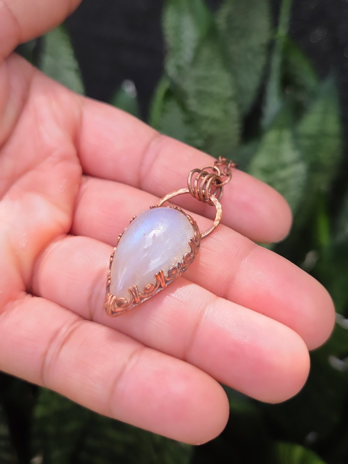 Copper Wire Wrapped Teardrop Moonstone Stone Pendant Chain Necklace