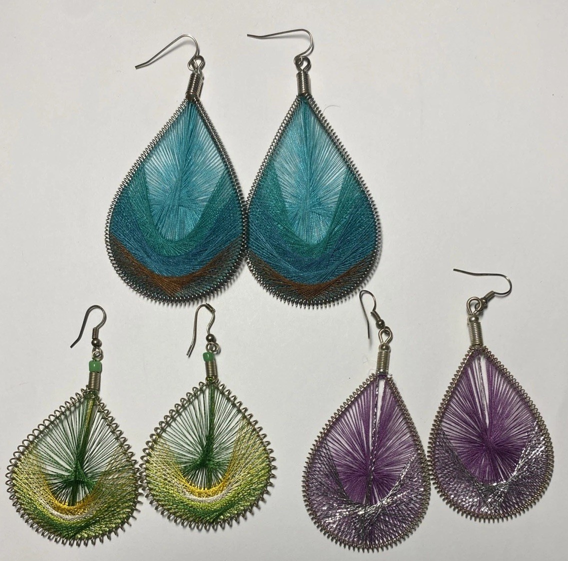 Vintage 3 Pairs Boho Peruvian Artisan Teardrop Thread Earrings Purple Blue Grn