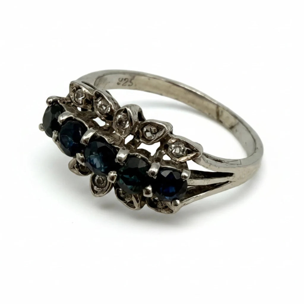 Silver Ring 925 Sterling Blue Green Stones Cubic Zirconia Ring Size 56 Vintage 1990