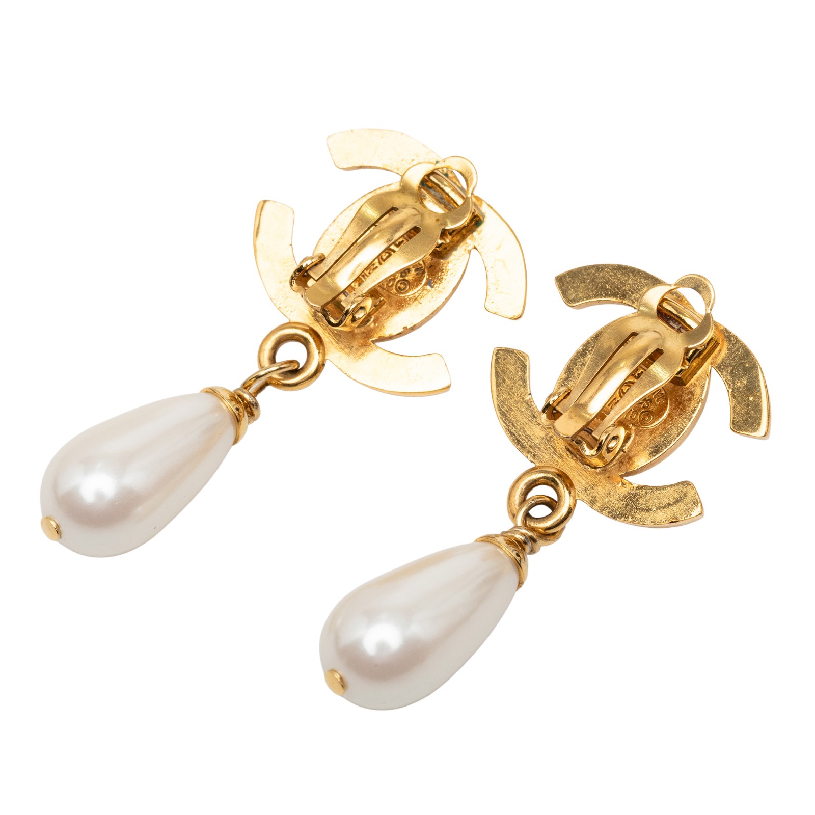Chanel CC Gold Plated Faux Pearl Drop Turn Lock Clip On Earrings Costume