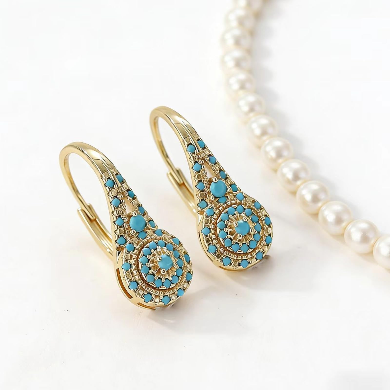 Turquoise Hoop Earrings for Women Gold Teardrop Pearl Dangle Earrings Vintage…