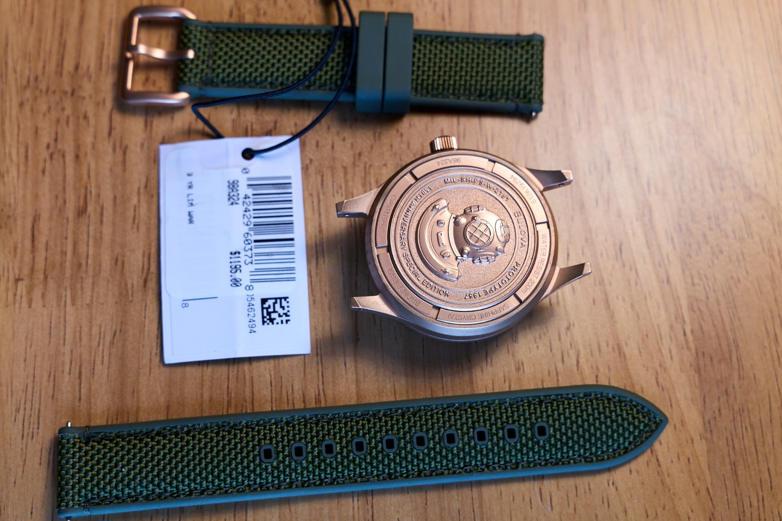 Bulova 98A324 MIL-SHIPS Bronze Auto 150th Anniversary Green Dial Sapphire 200MWR