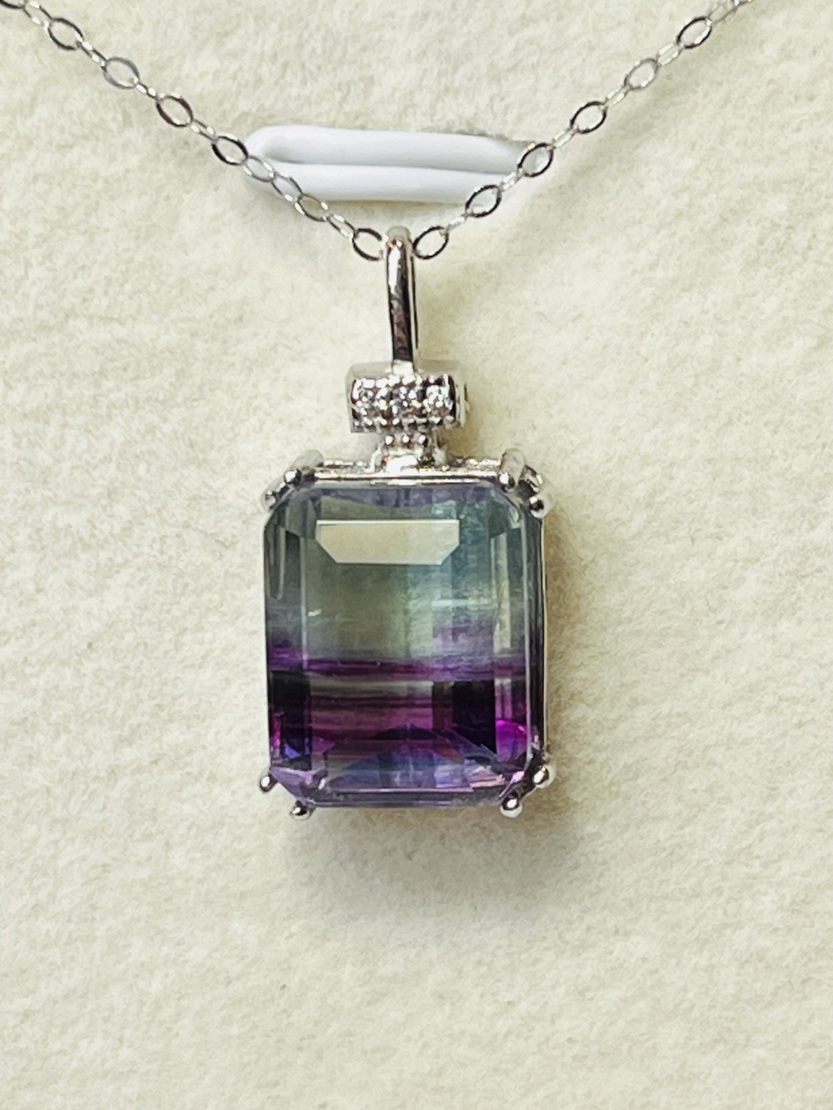 925 Sterling Silver Emerald Cut Natural Rainbow Fluorite Pendant Necklace