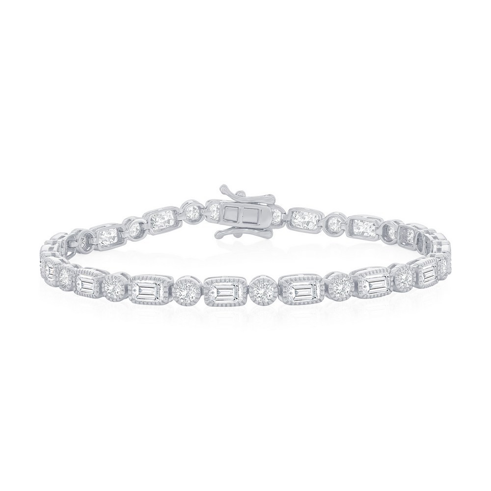 Sterling Silver Sparkling Round & Rectangle CZ Bracelet Rhodium Plated