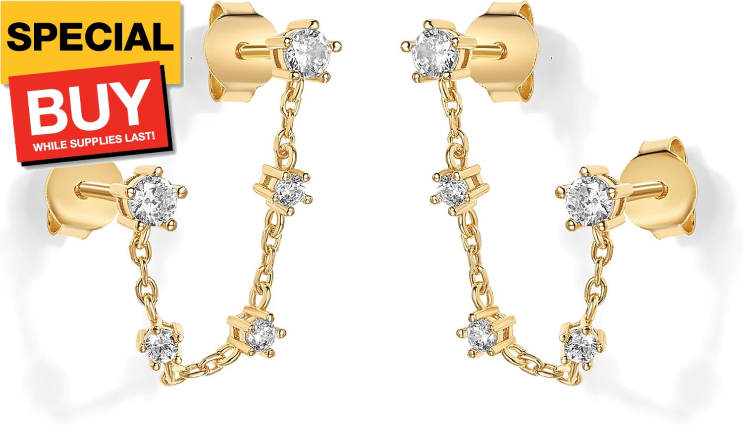 14K Gold Plated Delicate CZ Chain Earrings for Women – Double Piercing Dangle Ch