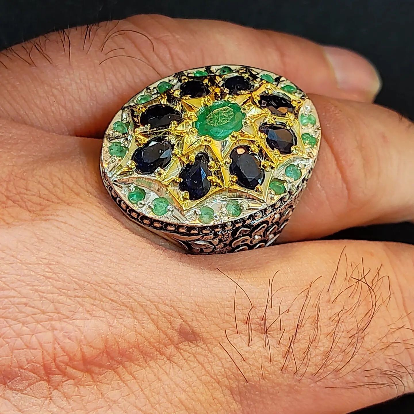 Natural Emerald Stones with Sapphire Stones Ring Multi Stones Handmade Ring