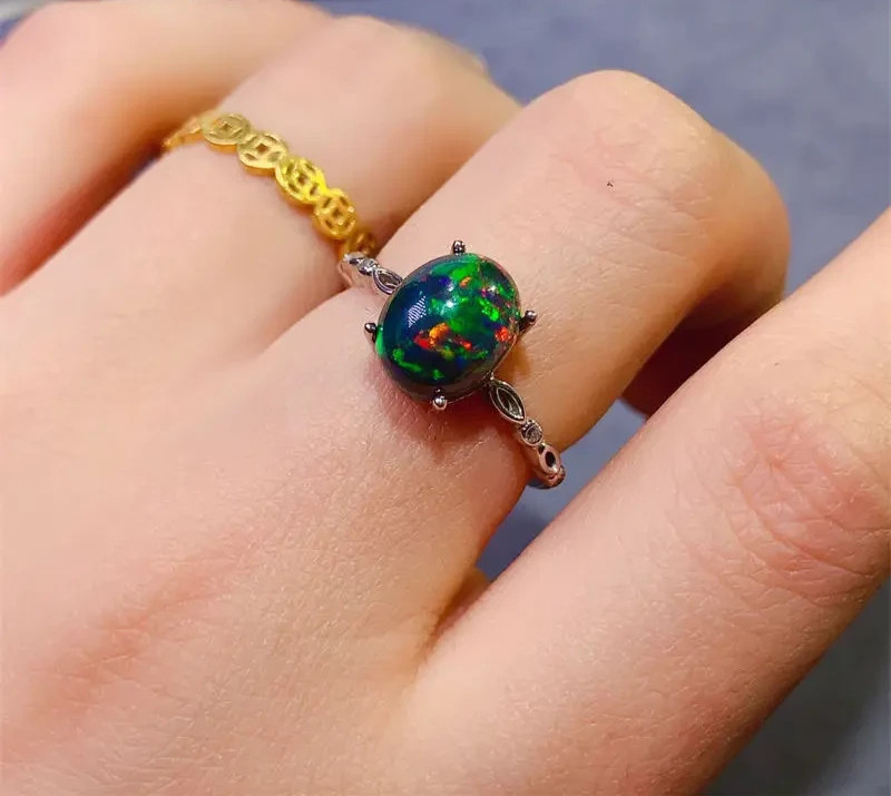 3 Carat Black Fire Opal Gemstone Ring, Natural Black Opal Ring 925 Sterling