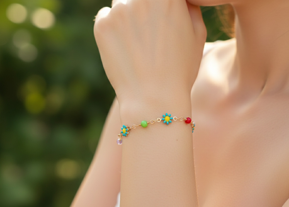 Elegant Brass Bracelet Gold Color Plated Floral Designer Bracelet Turquoise