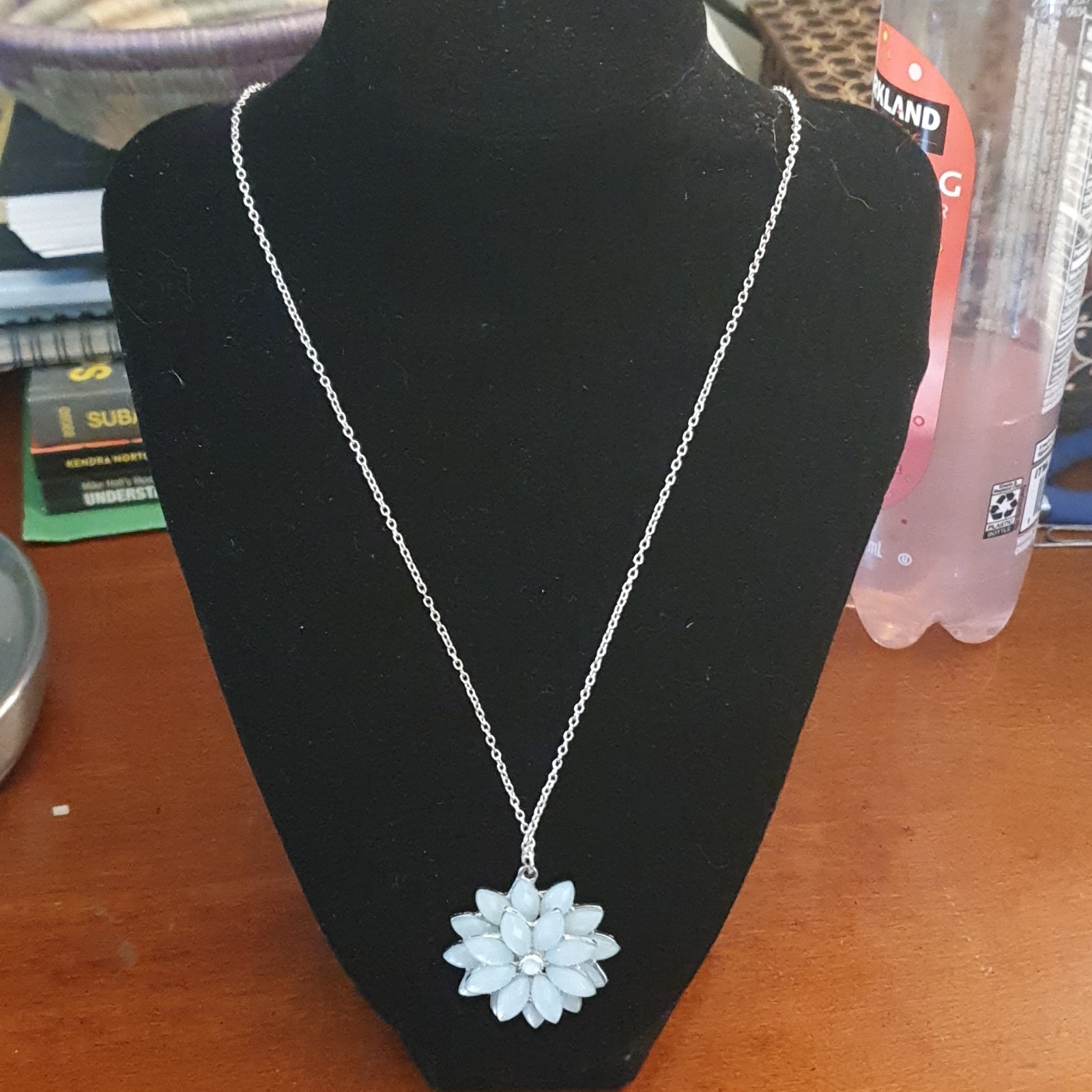 Silver Tone White Enamel Flower Charm Pendant Cable Chain Necklace Lobster