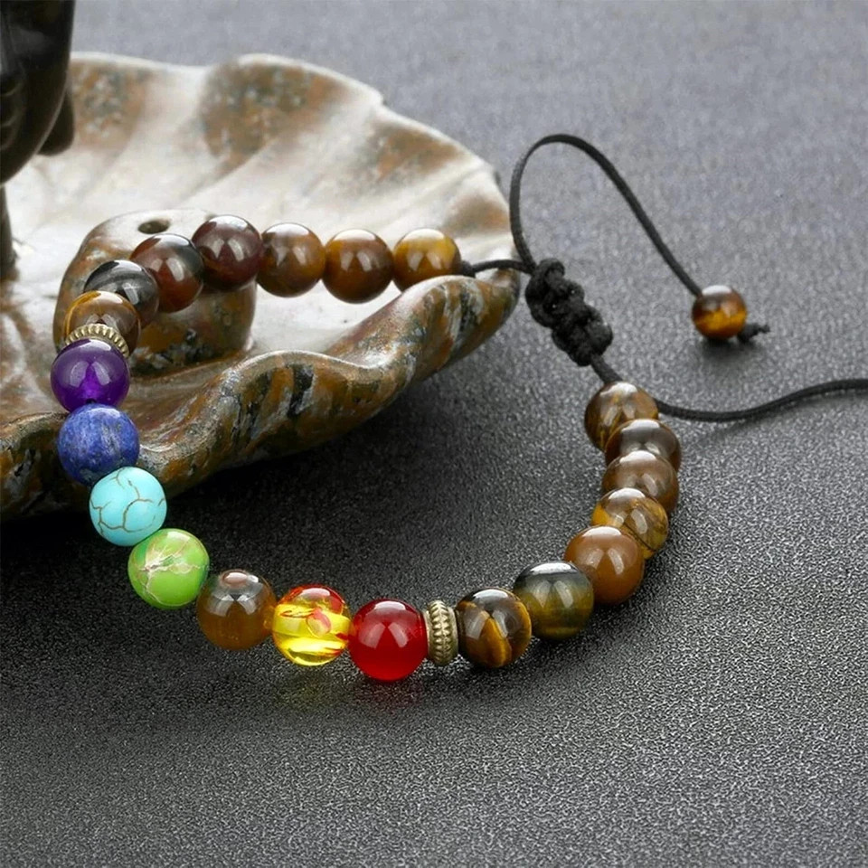 7 Chakra Natural Tiger’s Eye Stone Beaded Bracelet for Men Women Gift