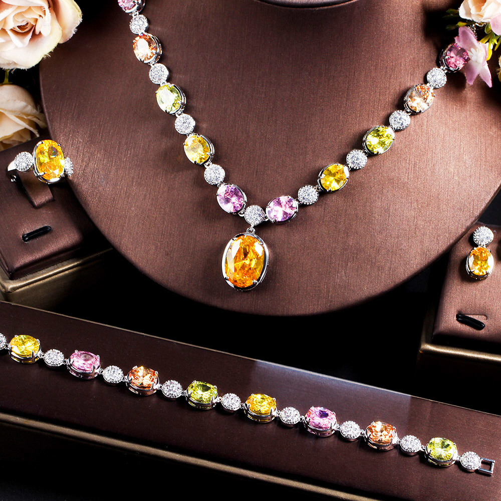 Multicolored Rainbow CZ Necklace Earring Bracelet Ring Set Silver Plated Jewelry