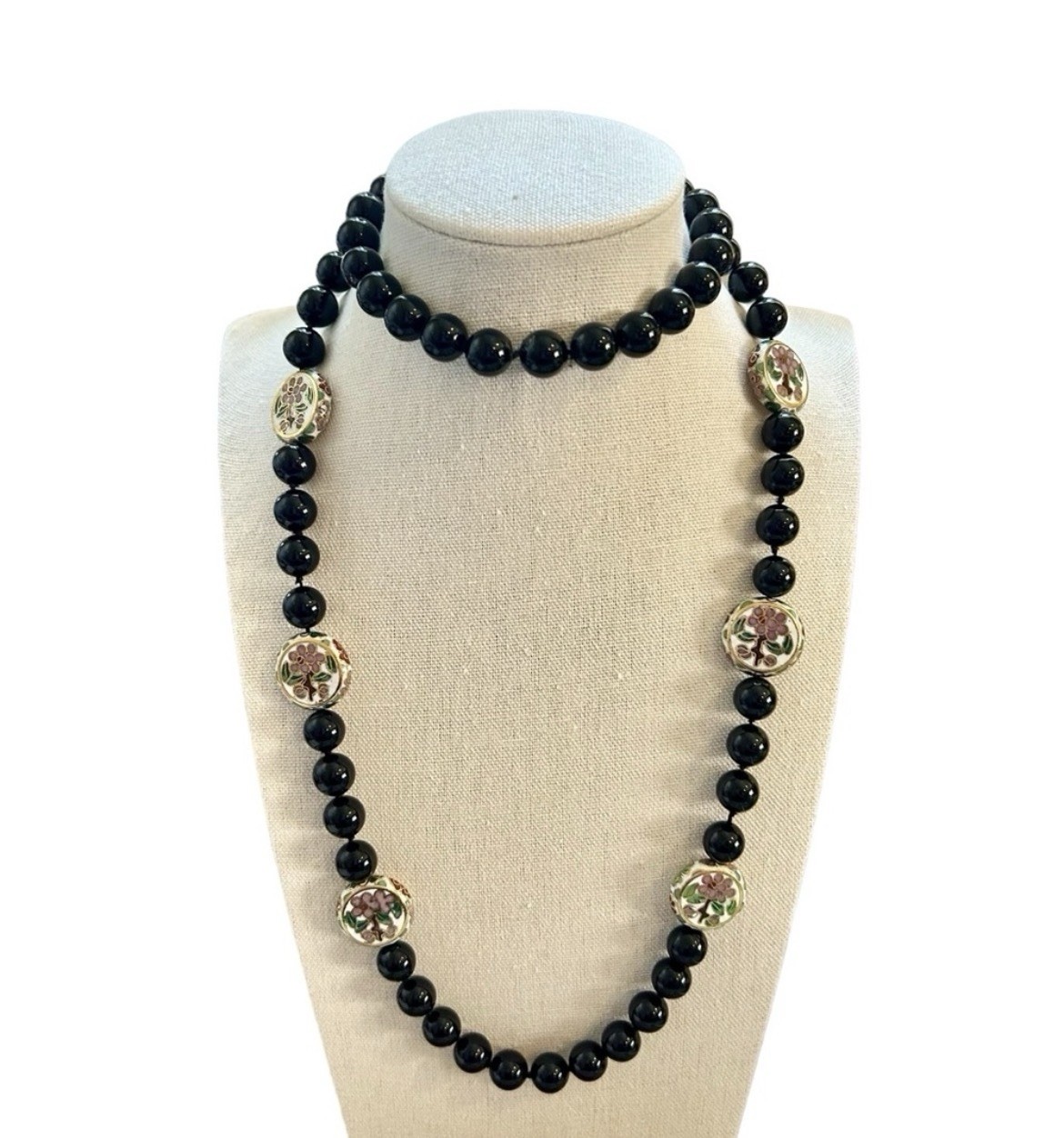 Vintage Onyx and Cloisonné Beaded Necklace Gatsby Victorian Art Deco