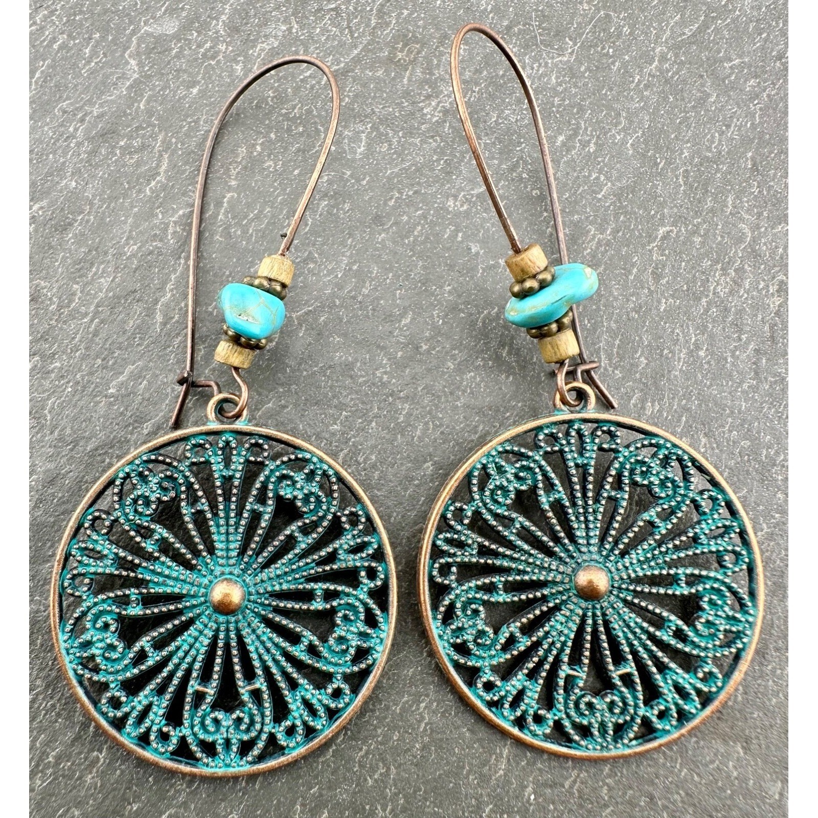 Boho Turquoise Blue Wagon Wheel Patina Copper Alloy Earrings