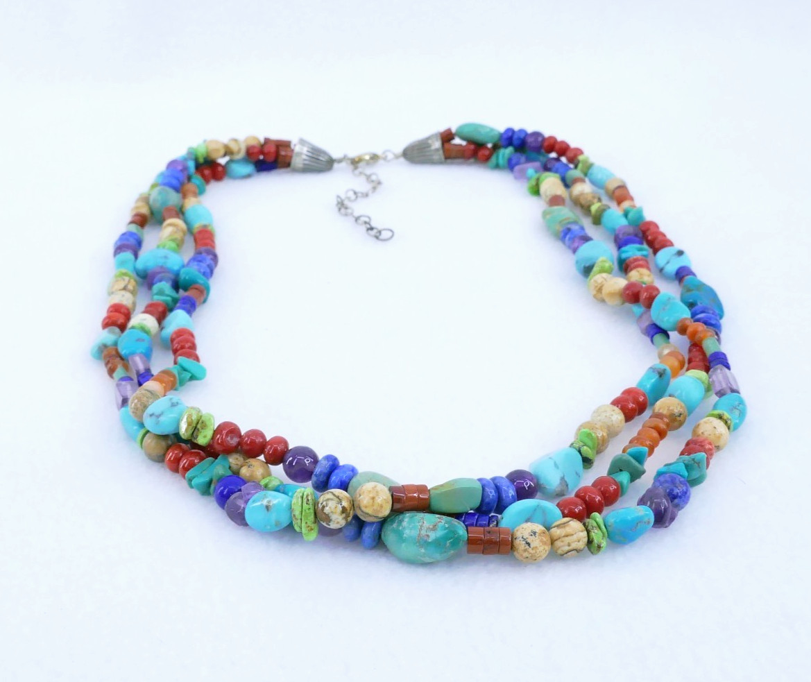 SOUTHWWEST 3 STRAND TURQUOiSE RED CORAL JASPER AMETHYST STERLiNG 20″ NECKLACE