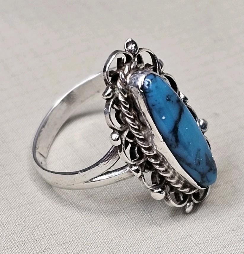 Vintage 925 Sterling Silver Turquoise Ornate Style Ring Size 5.25 – 2.15 g