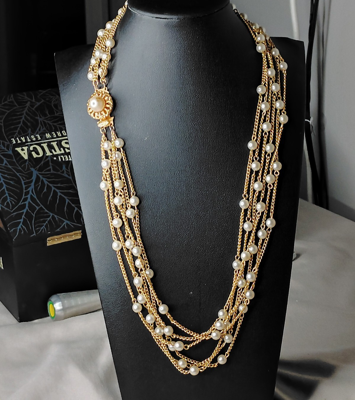 Vintage Gold Tone Multi Strand Faux Pearl Station Necklace