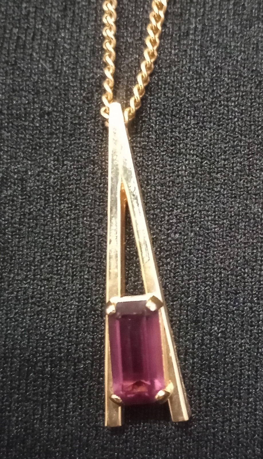 Gold Tone Box Chain Necklace, Purple Baguette Bar Pendant, Spring Ring